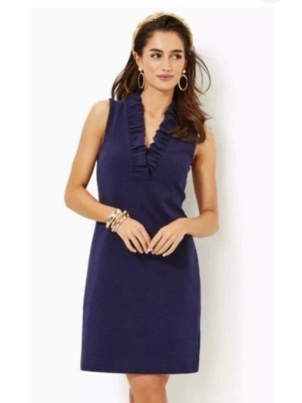 Lilly Pulitzer Tilsbury Ruffle Sheath Dress Lg Blue Coastal Preppy Nautical Chic